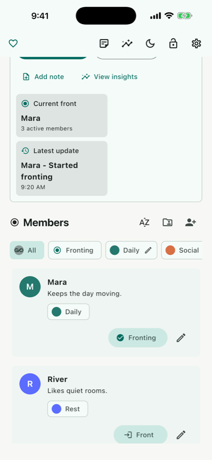 All Of Me member overview showing current front, members, and groups